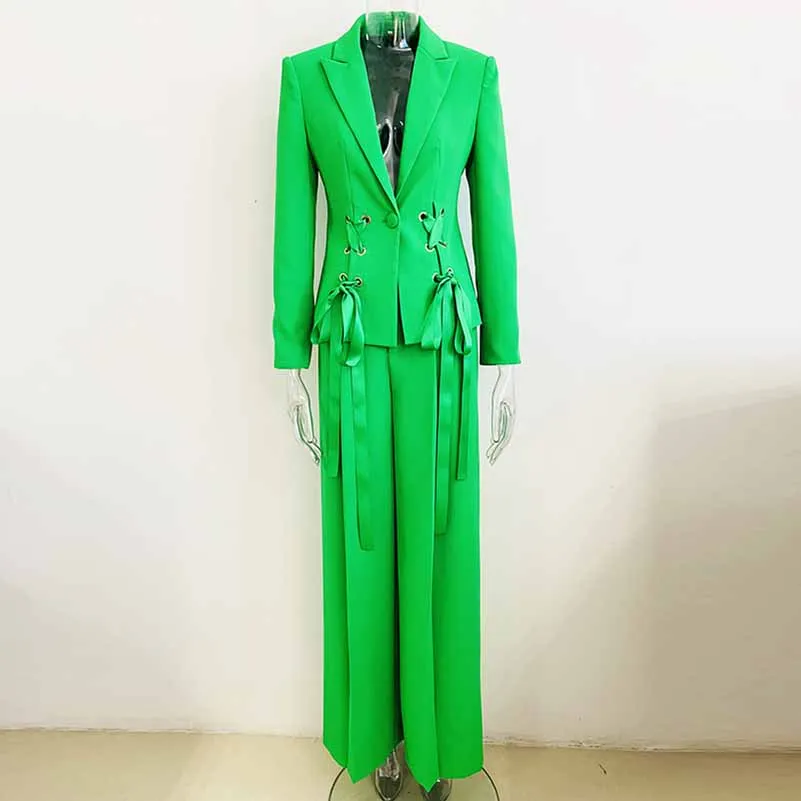 Women V-Neck Pantsuit Wide-Legs Trousers Suit Lace-Up Two Pieces Set Event Suit