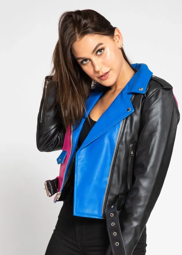 Women'S Block Print Faux Leather Jacket - Pink/Blue