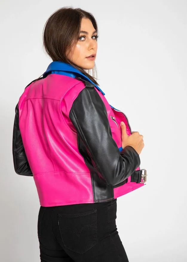 Women'S Block Print Faux Leather Jacket - Pink/Blue