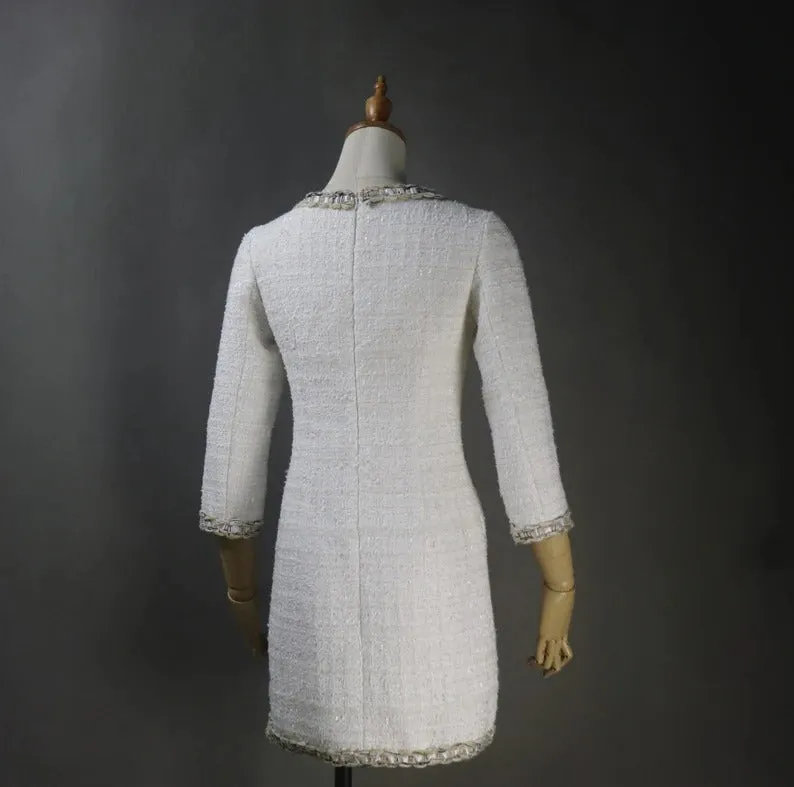 Womens Custom Made Chain Decoration Tweed Formal Business Office Sheath Dress White