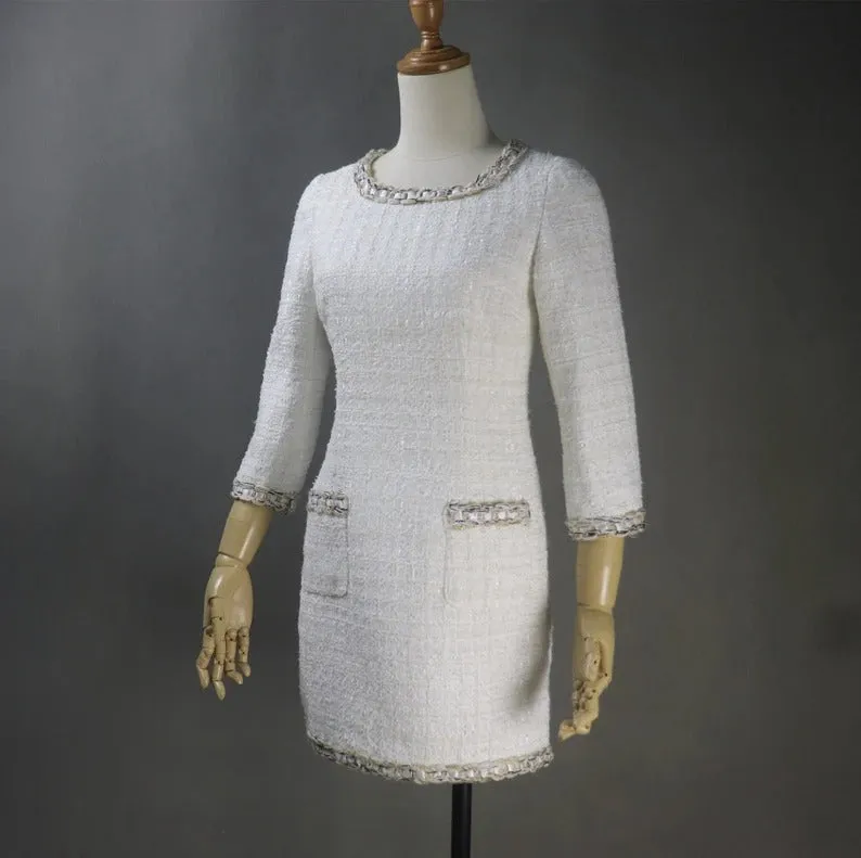 Womens Custom Made Chain Decoration Tweed Formal Business Office Sheath Dress White