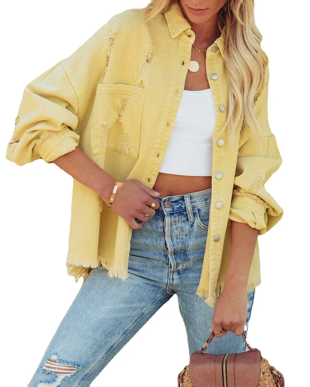 Women's Denim Jacket Long Sleeve Raw Edge Ripped Denim Jacket