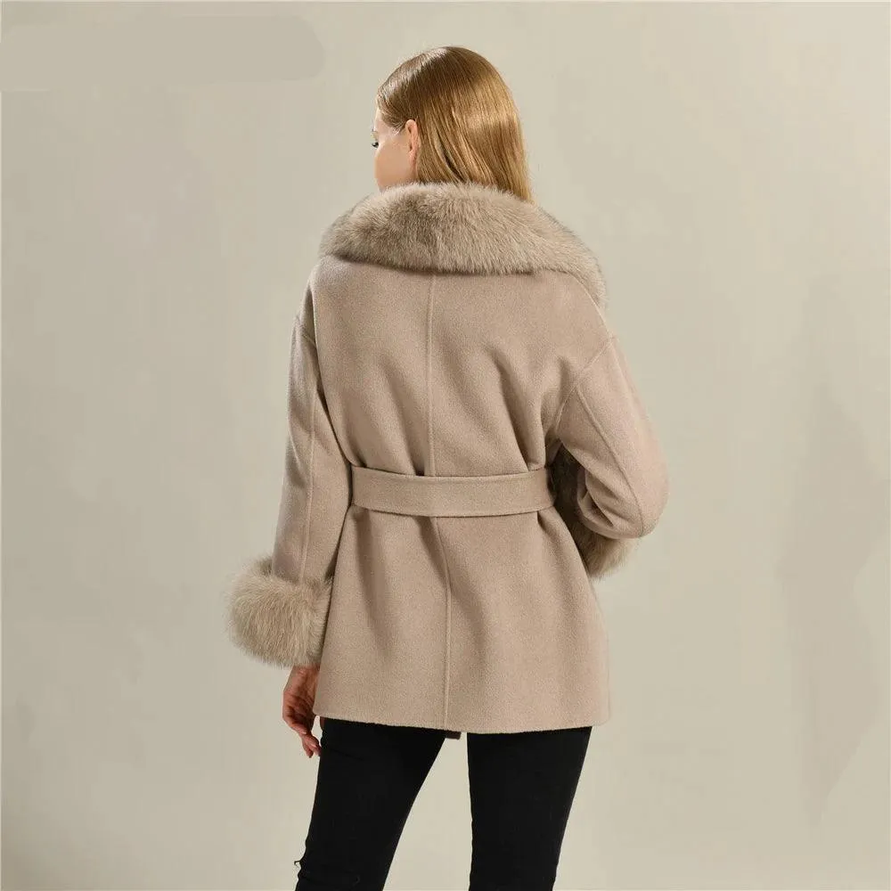 Women's Wool Coat with Real Fur - Elegant Medium-Length C...