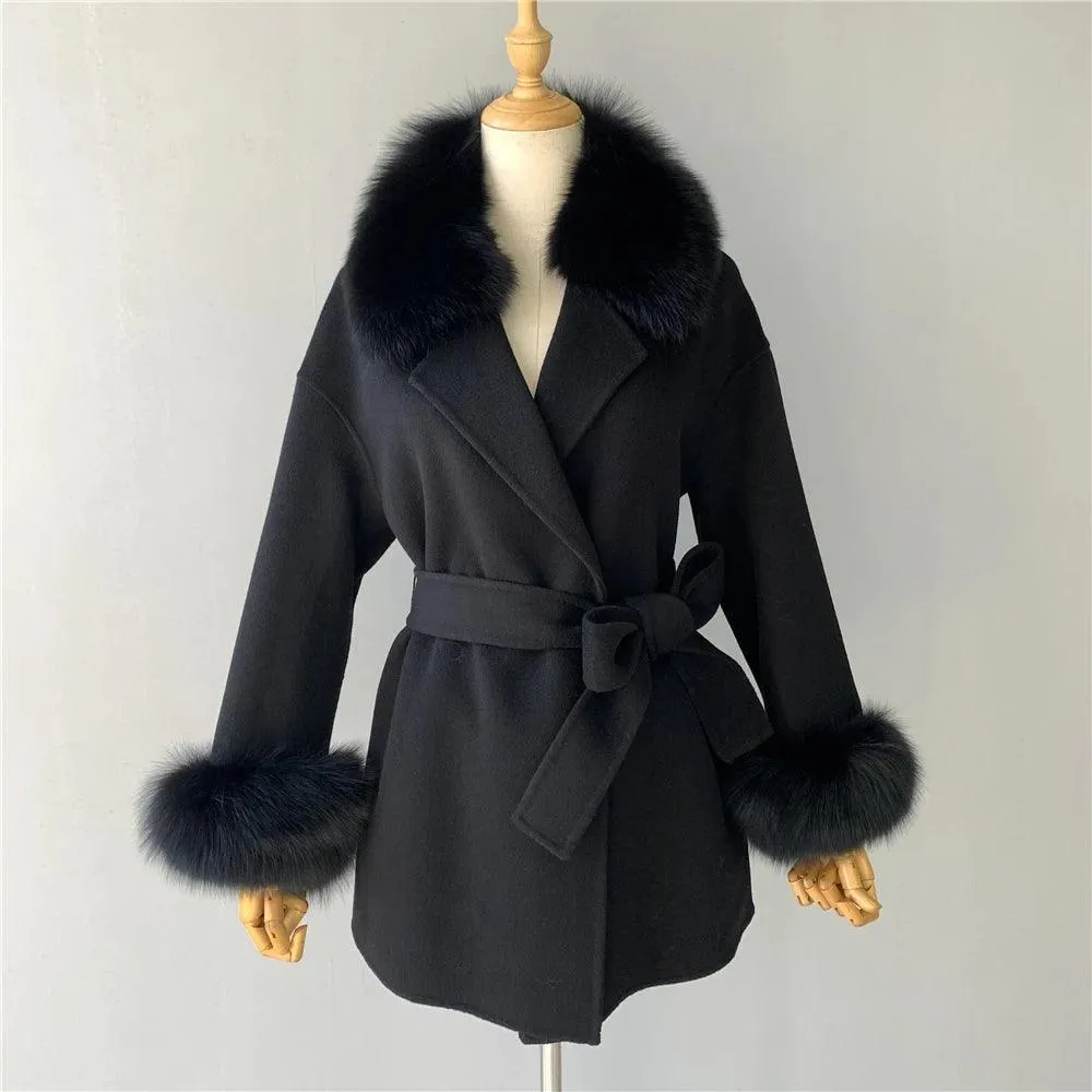 Women's Wool Coat with Real Fur - Elegant Medium-Length C...