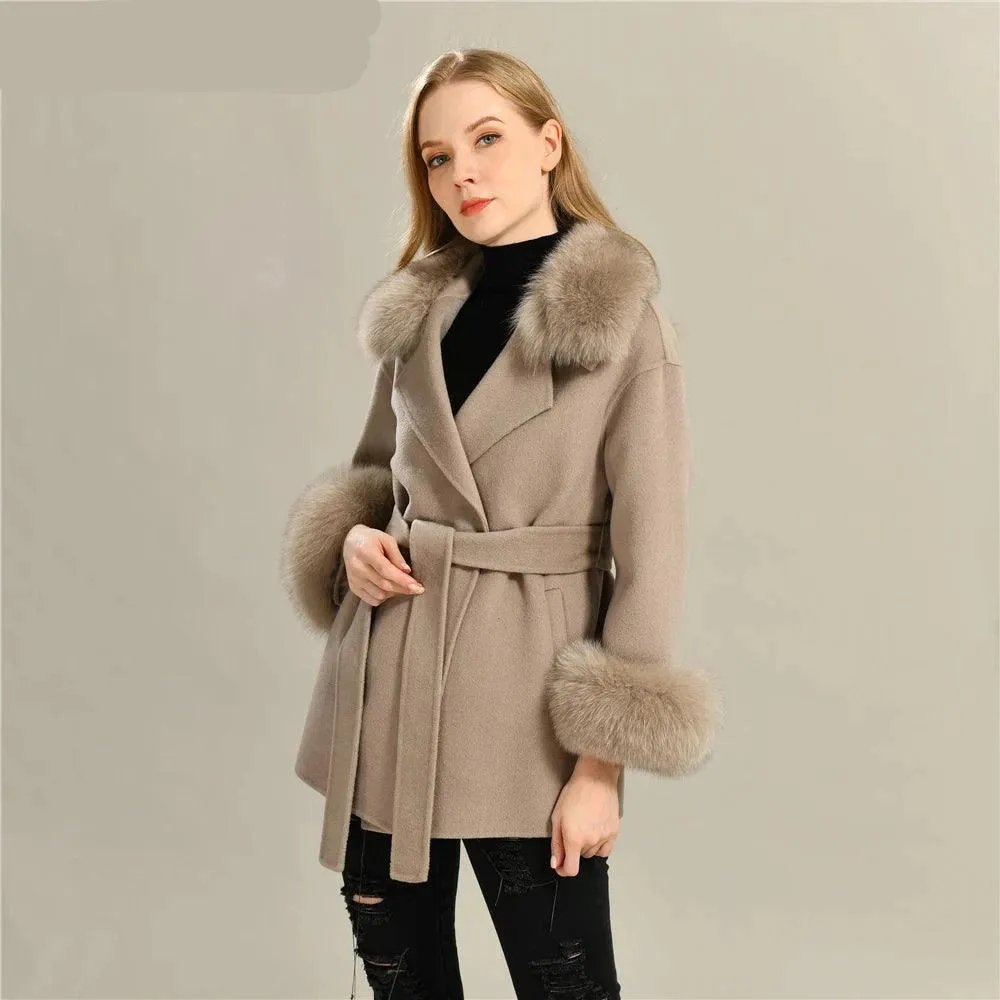 Women's Wool Coat with Real Fur - Elegant Medium-Length C...