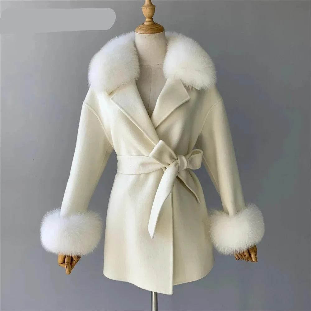 Women's Wool Coat with Real Fur - Elegant Medium-Length C...