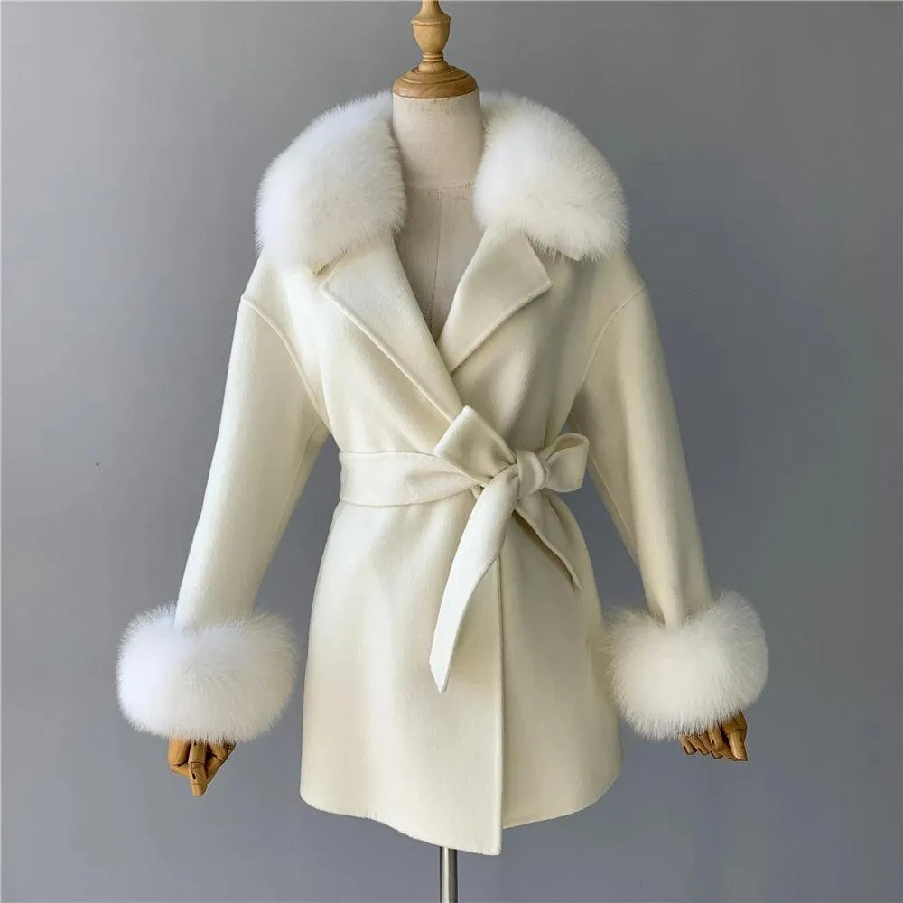 Women's Wool Coat with Real Fur - Elegant Medium-Length C...