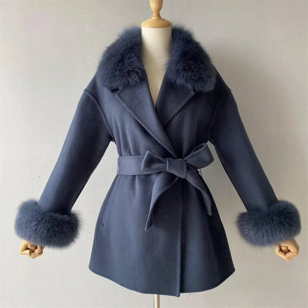 Women's Wool Coat with Real Fur - Elegant Medium-Length C...