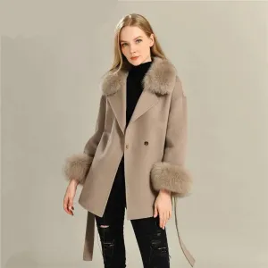 Women's Wool Coat with Real Fur - Elegant Medium-Length C...