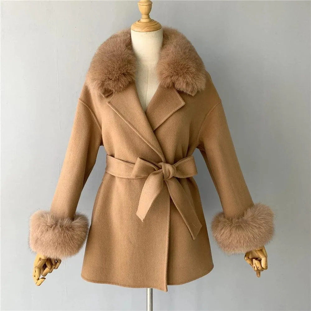 Women's Wool Coat with Real Fur - Elegant Medium-Length C...