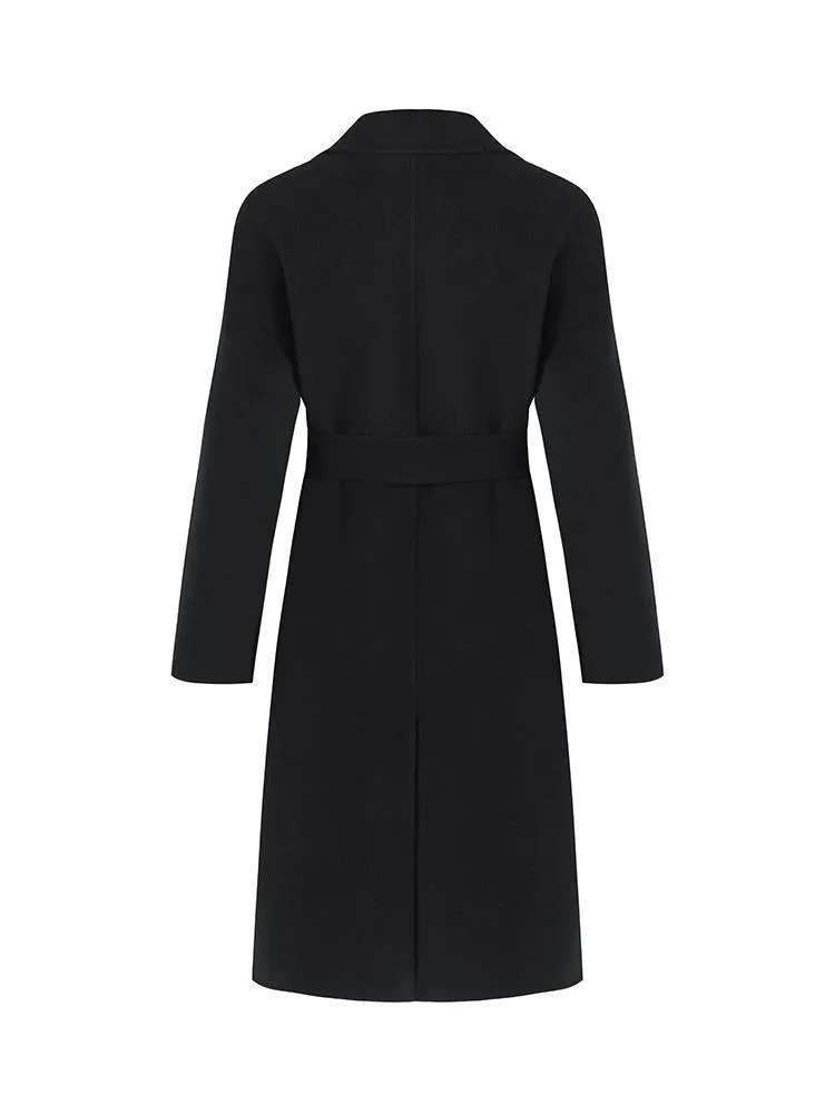 Wool And Cashmere Double-Faced Lapel Women Coat With Belt