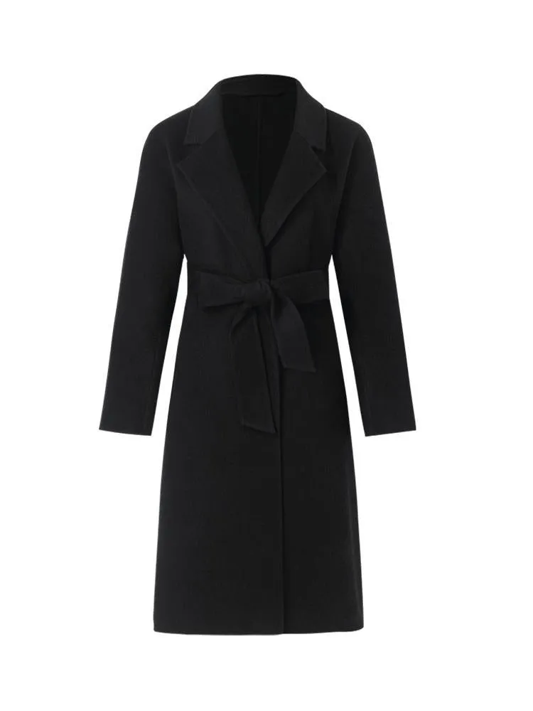 Wool And Cashmere Double-Faced Lapel Women Coat With Belt