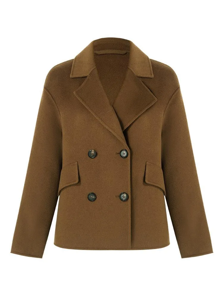 Wool And Cashmere Double-Faced Notched Lapel Short Women Coat