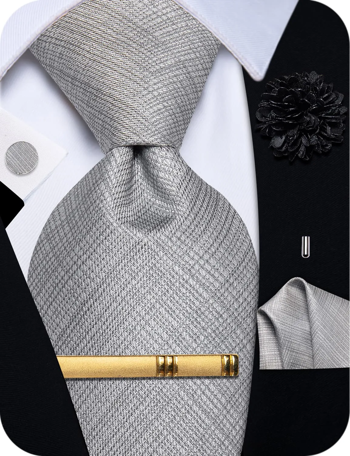 YourTies Cloud Grey Tie Dark Gray Lines Wedding Plaid Necktie Set