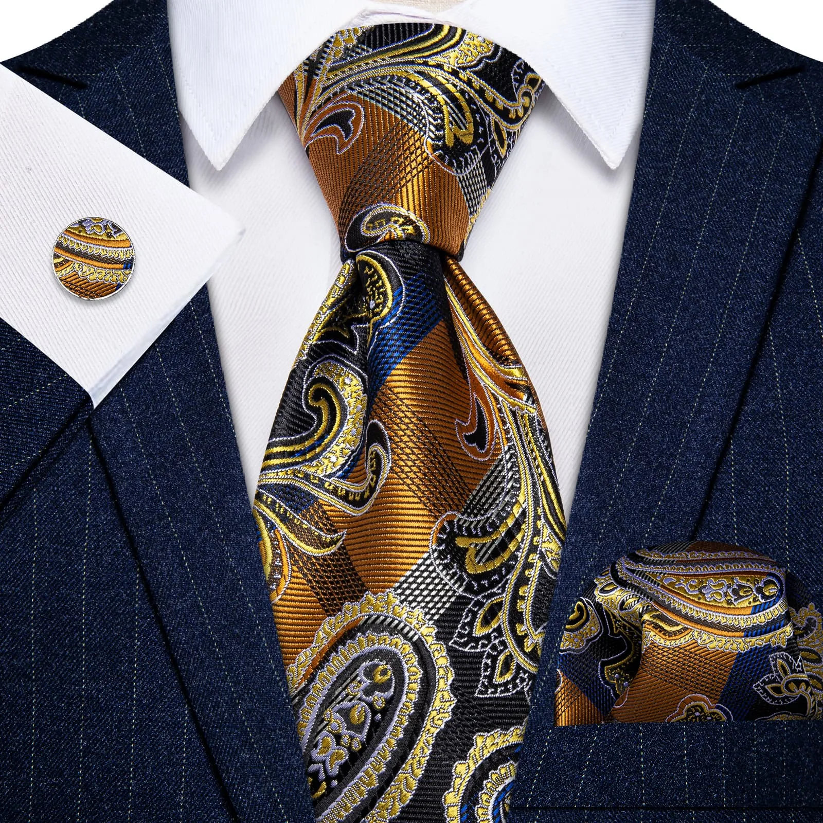 YourTies Yellow Tie Blue Pattern Wedding Novelty Necktie Set for Men