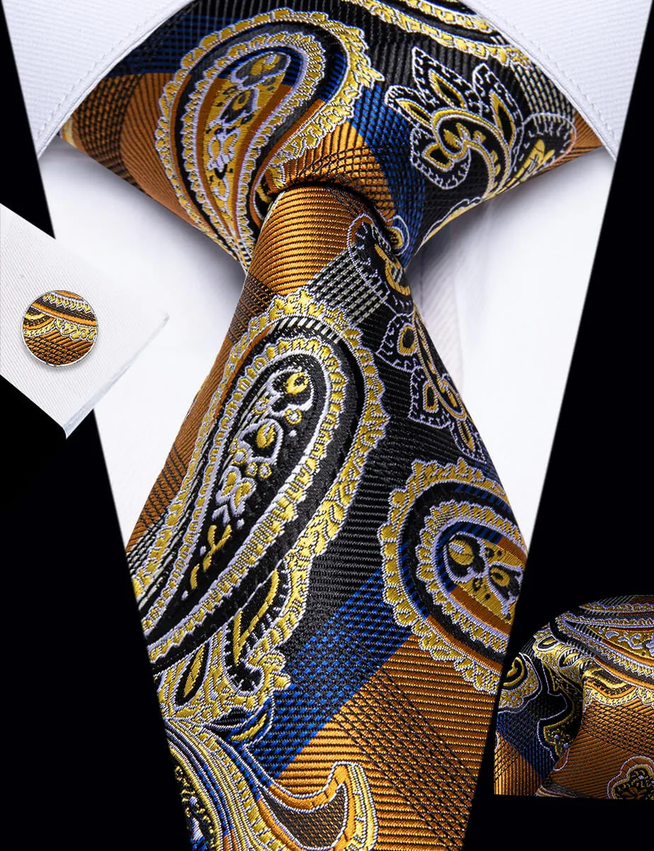 YourTies Yellow Tie Blue Pattern Wedding Novelty Necktie Set for Men