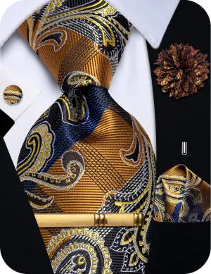 YourTies Yellow Tie Blue Pattern Wedding Novelty Necktie Set for Men